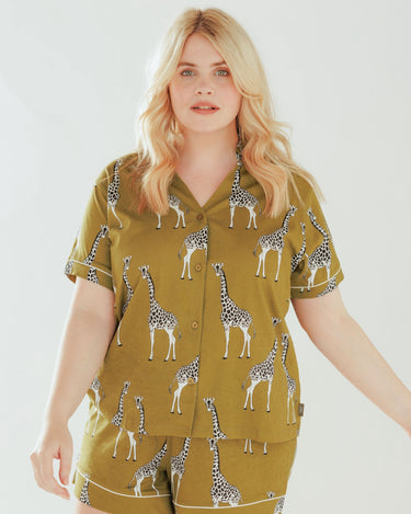 Khaki Giraffe Button Up V-Neck Short Pyjama Set